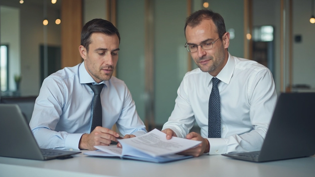 Вид сверху на банковского специалиста обсуждающего различные ипотечные программы с клиентом, держа в руках информационные брошюры и документы на столе