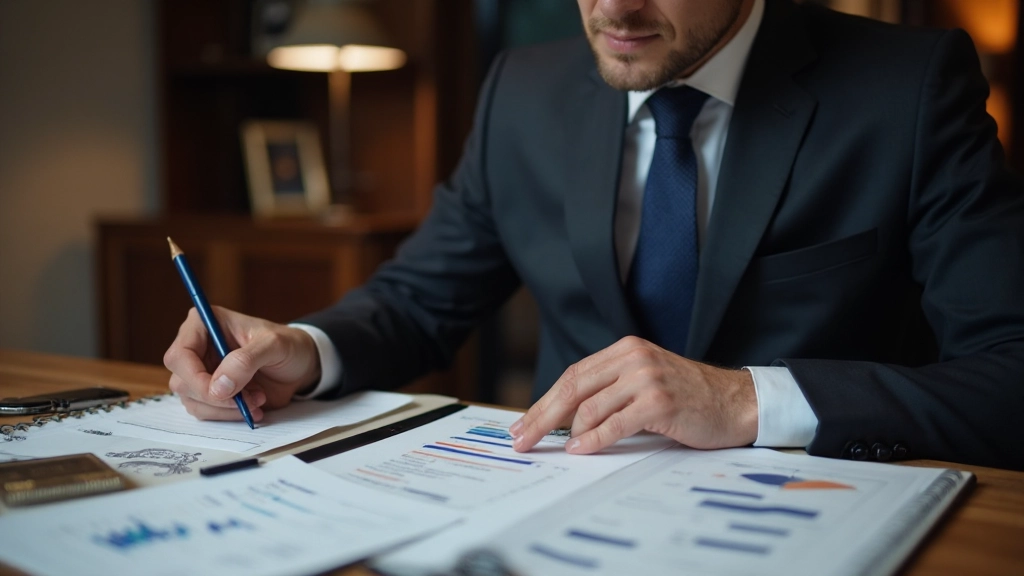 Бизнесмен изучает финансовый отчет и планы развития компании на письменном столе