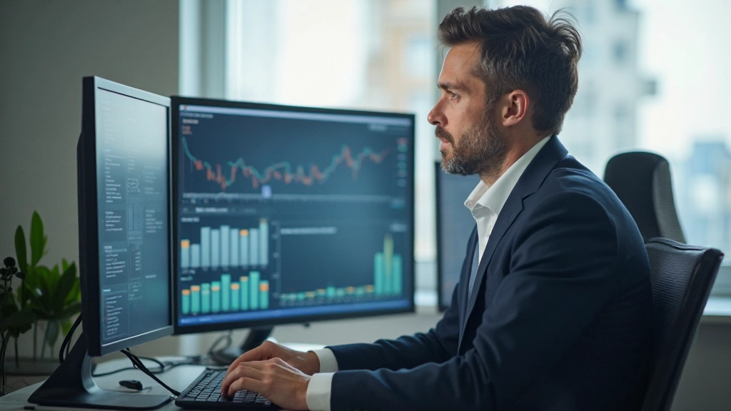 Экономист анализирует долгосрочные финансовые тренды и прогнозы на компьютере в профессиональном офисе