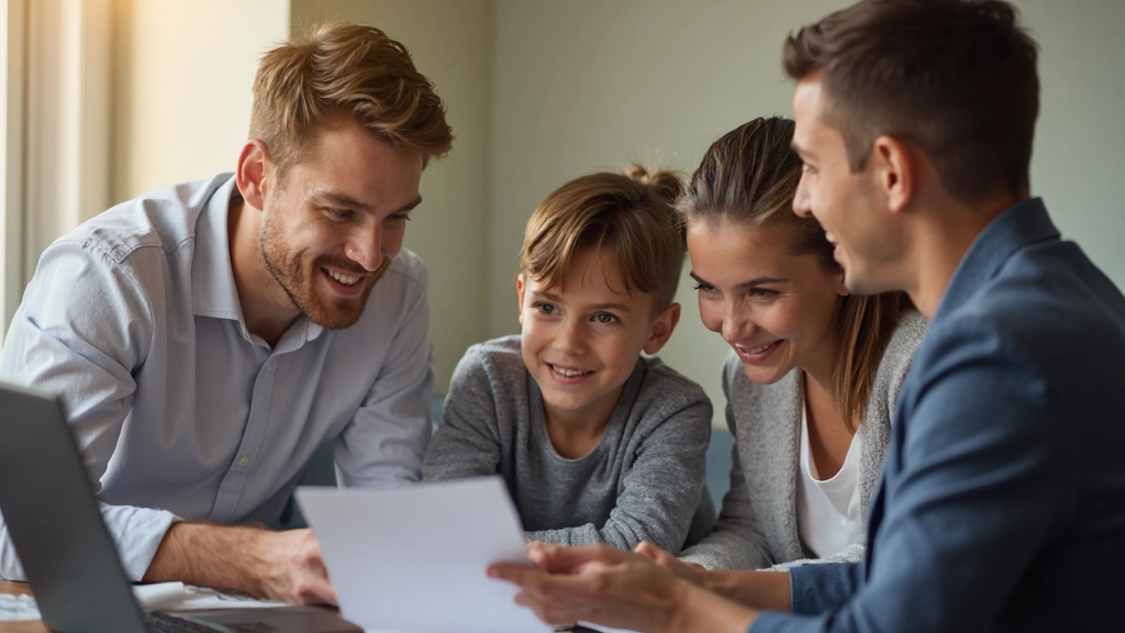 Семья на консультации с финансовым советником, обсуждающая образовательные накопления для детей в уютном офисе