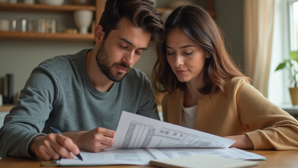 Молодая семья работает над семейным бюджетом, анализируя доходы и расходы за столом в домашней обстановке