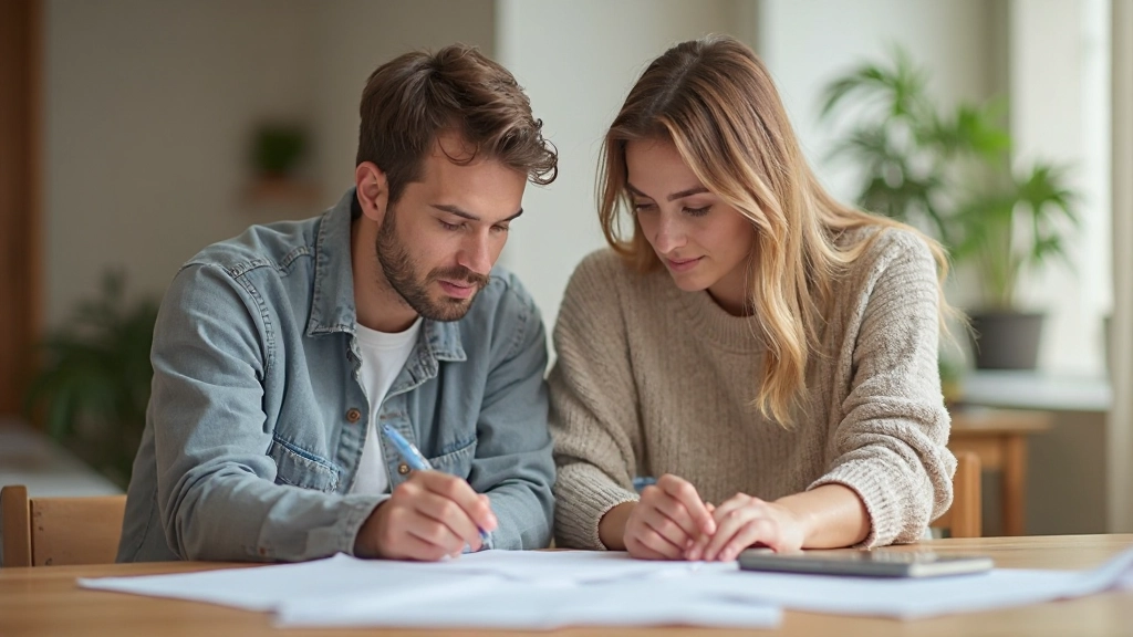Молодая семья обсуждает инвестиционный план и финансовые цели на семейной встрече в гостиной