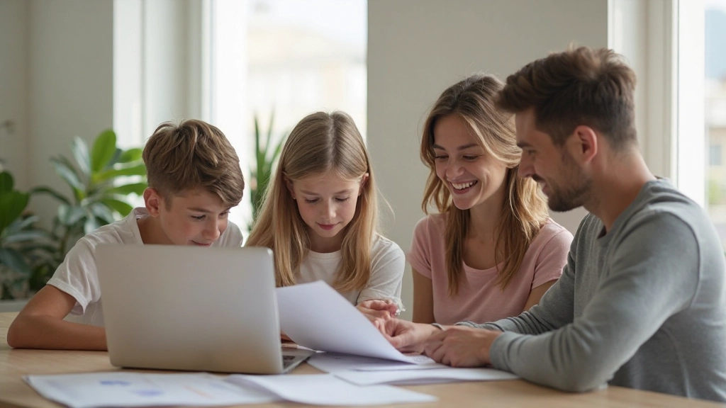 Семья составляет бюджет за столом дома, планирует финансы и доходы