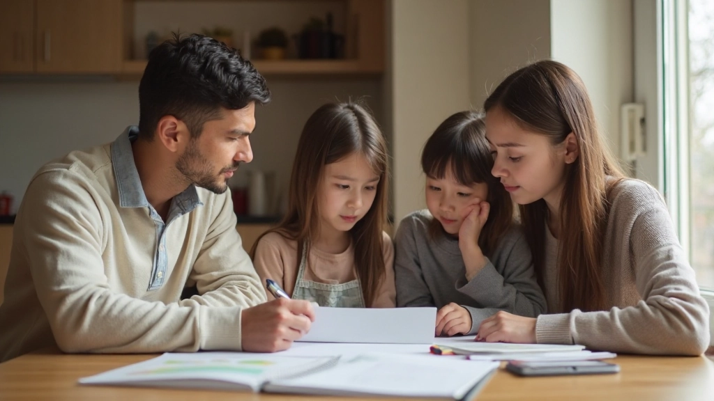 Фото семьи, составляющей семейный бюджет с документами и калькулятором