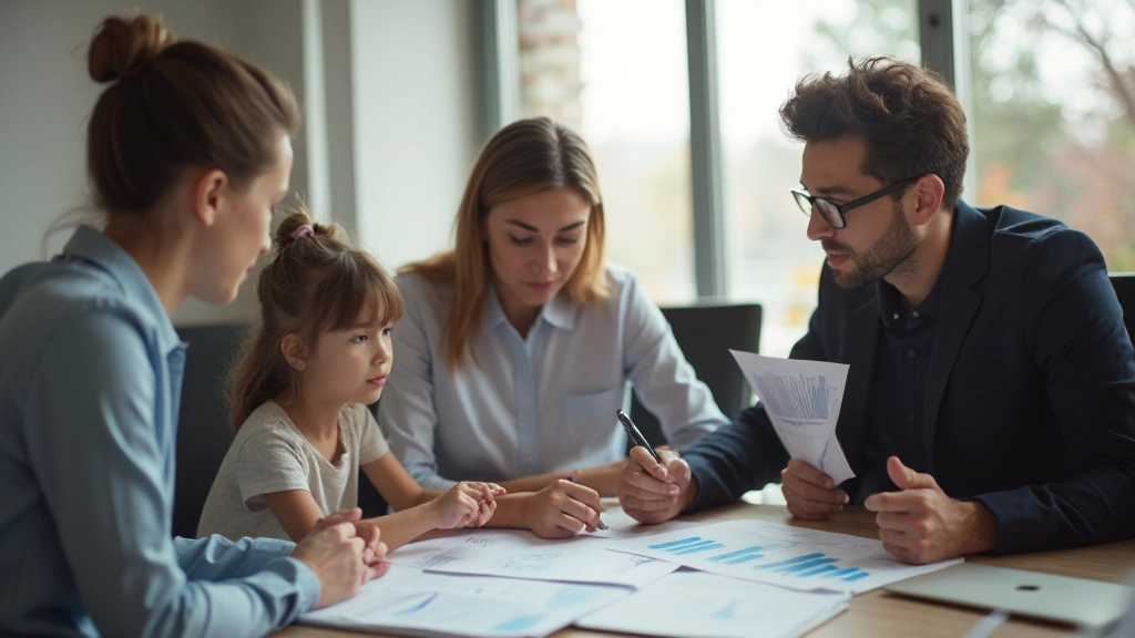 Семья обсуждает финансовые планы с консультантом в офисе, глядя на документы и графики
