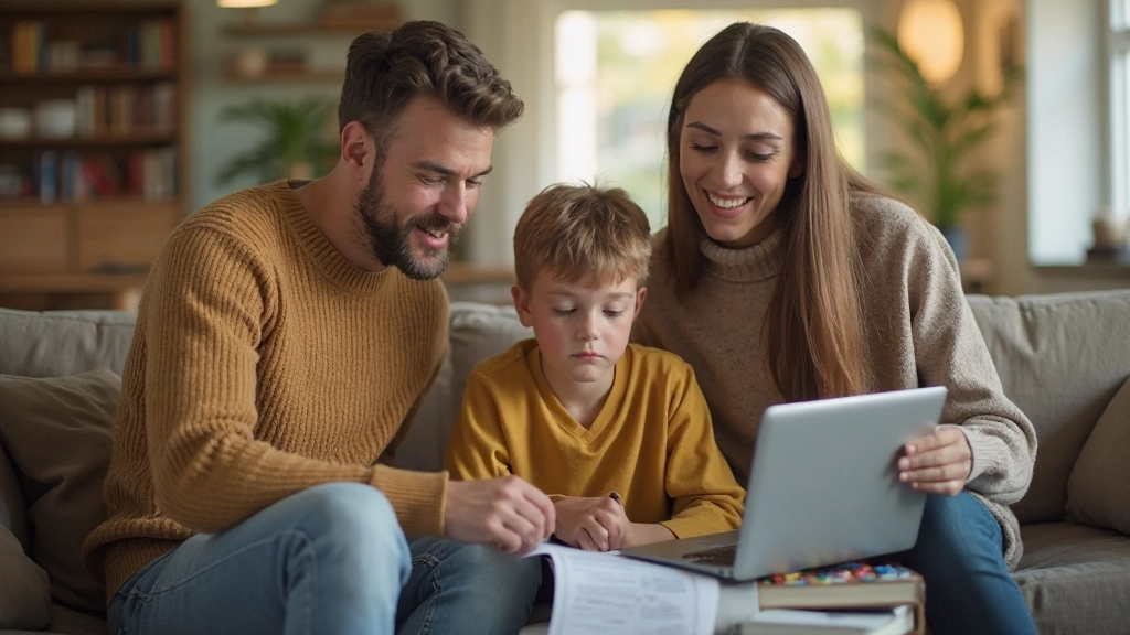 Семья сидит на диване с ноутбуком, обсуждая финансовый план образования и составляя график накопления