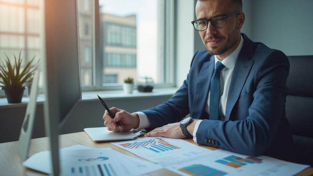Профессиональный финансовый консультант анализирует графики и таблицы на компьютере в современном офисе с финансовыми документами