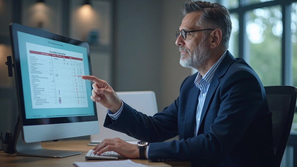 Фото консультанта, показывающего пенсионные расчеты и финансовые прогнозы на экране компьютера