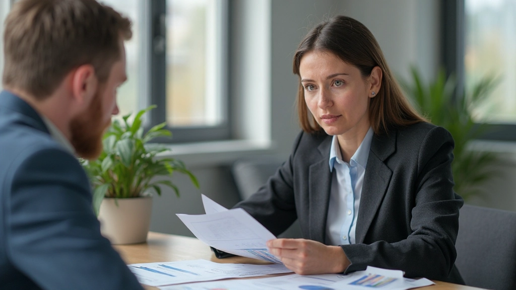 Профессиональное фото финансового планировщика, объясняющего основы долгосрочного прогнозирования клиенту