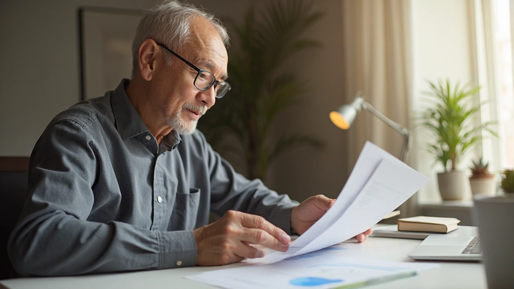 Предпенсионер анализирует пенсионные накопления и план обеспечения в уютном домашнем офисе с документами