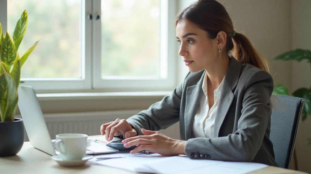 Молодая женщина составляет финансовый план, рассматривая документы и калькулятор на столе с кофе в современном домашнем офисе