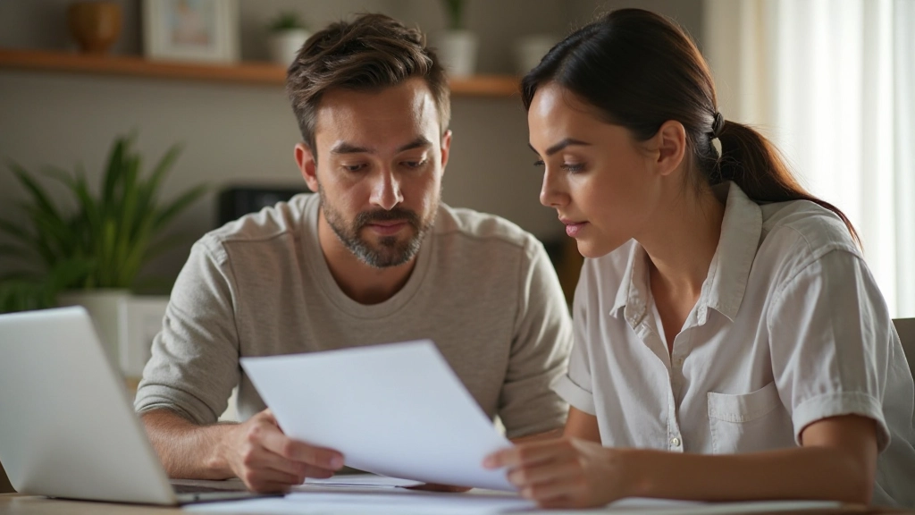 Изображение молодой семьи, обсуждающей финансовое будущее за столом с ноутбуком и документами