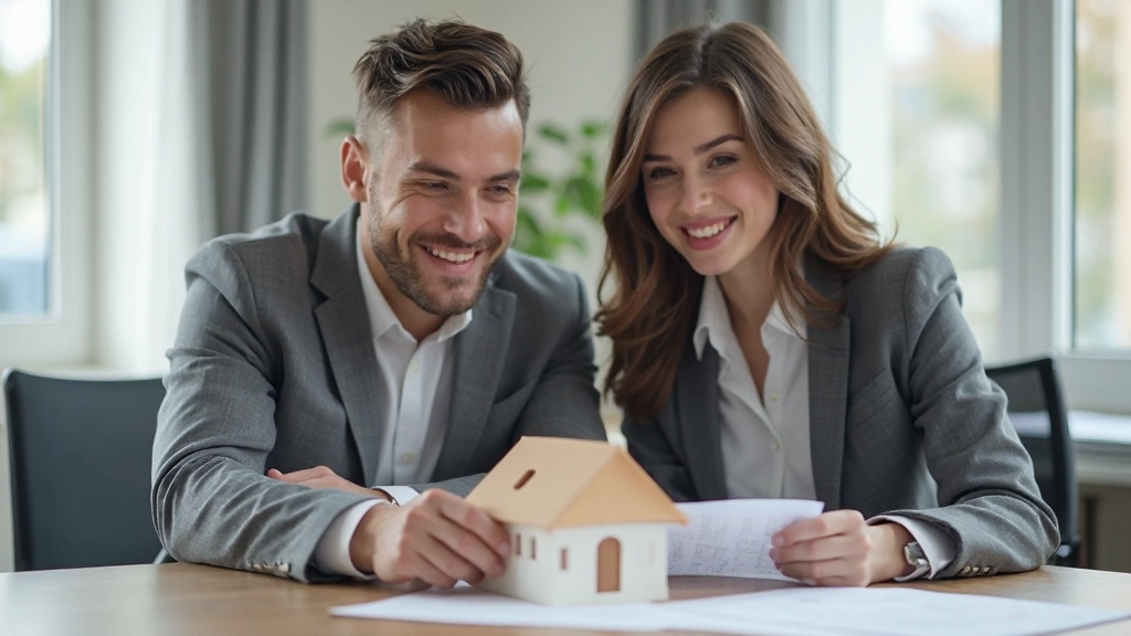 Профессиональное изображение молодой семьи рассматривающей модель дома с документами ипотеки на столе в современном офисе банка
