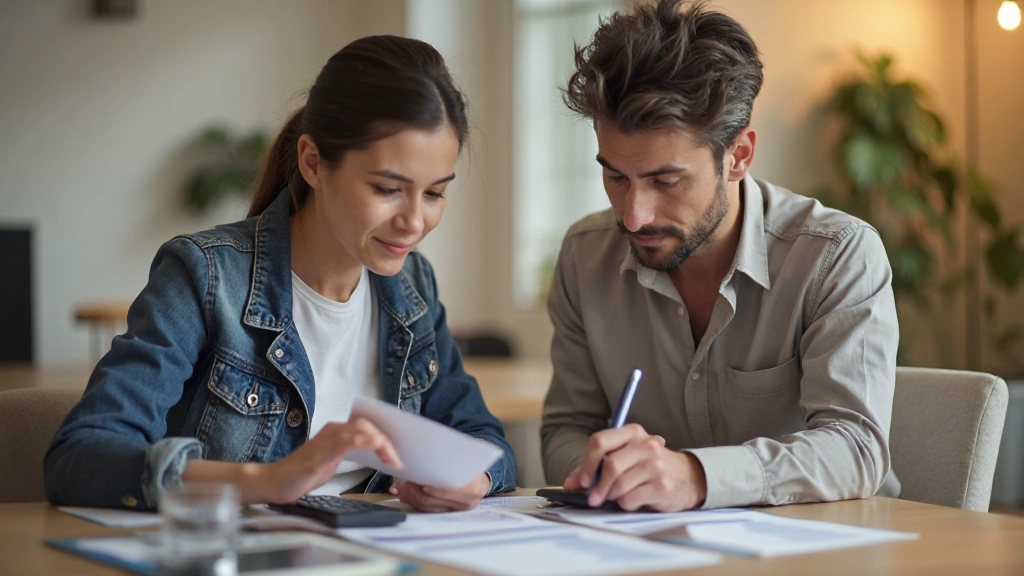 Молодая семья обсуждает долгосрочные финансовые планы с использованием калькулятора и документов