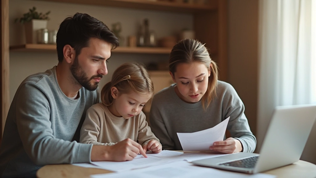 Молодая семья с ребенком планирует семейный бюджет за столом с ноутбуком и финансовыми документами