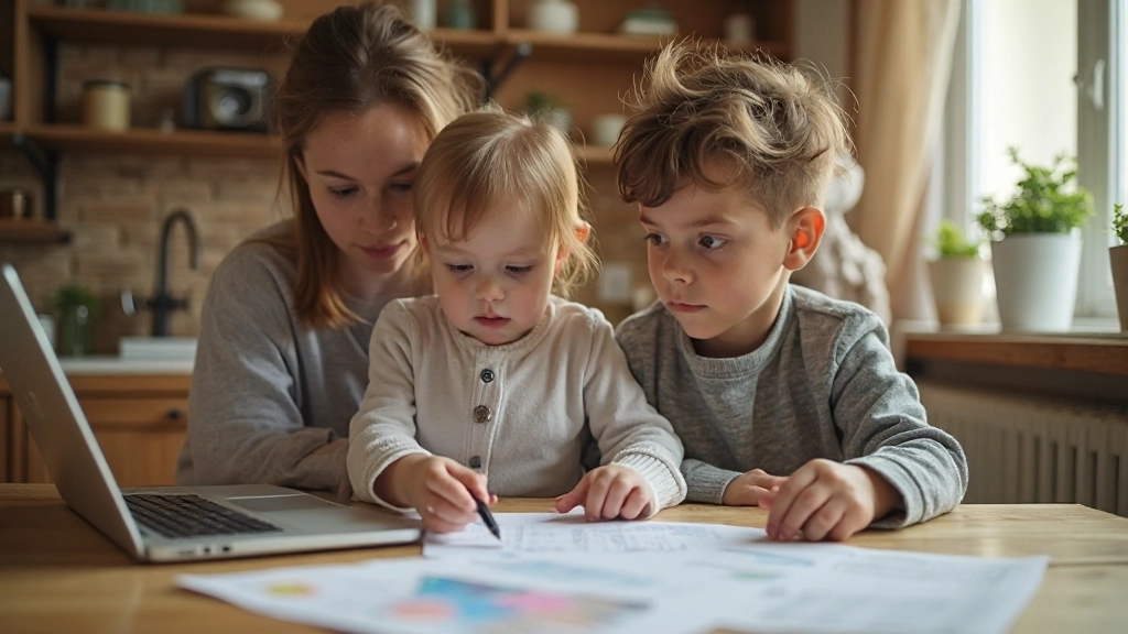 Молодая семья с ребенком планирует семейный бюджет за кухонным столом с ноутбуком и документами